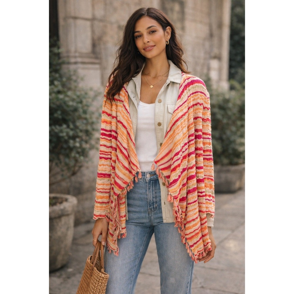 Chicos Striped Tassel Fringe Open Front Cardigan SZ 3 XL Sweater Pink Orange